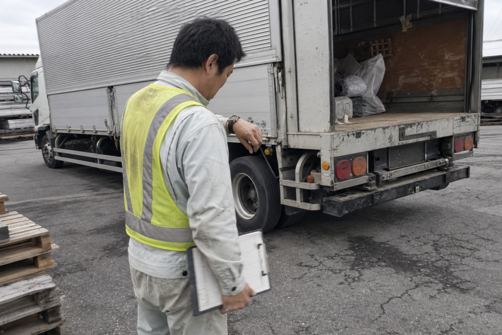 納品先の構内で腕時計を見ながら、トラックの荷台の脇で待つ作業服とベスト姿の男性