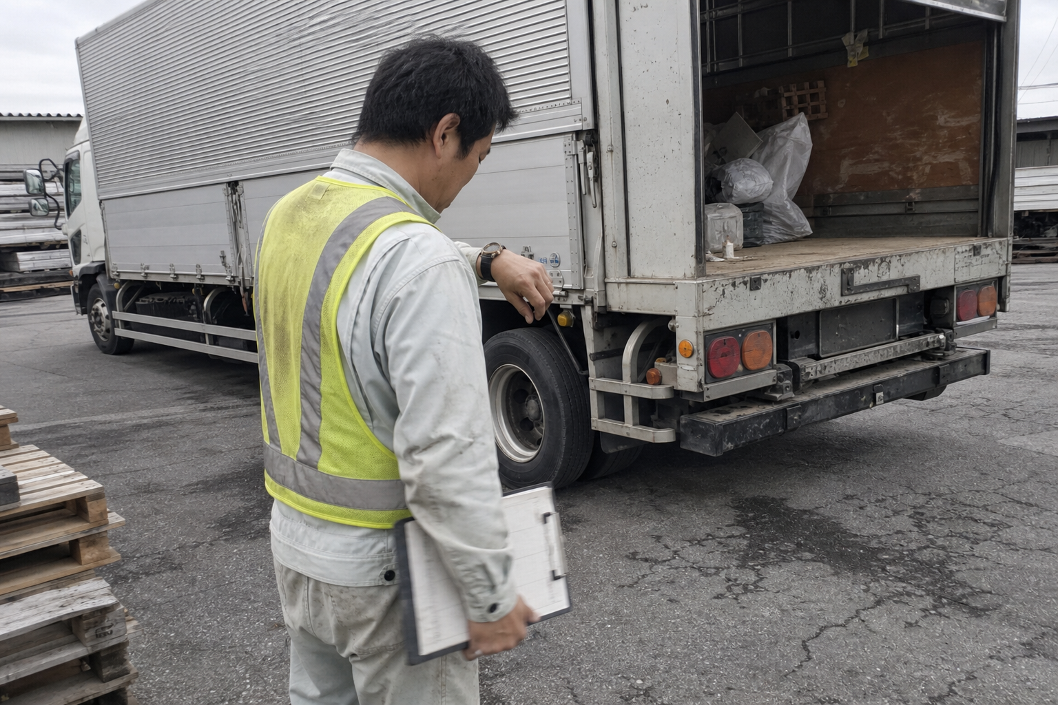 納品先の構内で腕時計を見ながら、トラックの荷台の脇で待つ作業服とベスト姿の男性